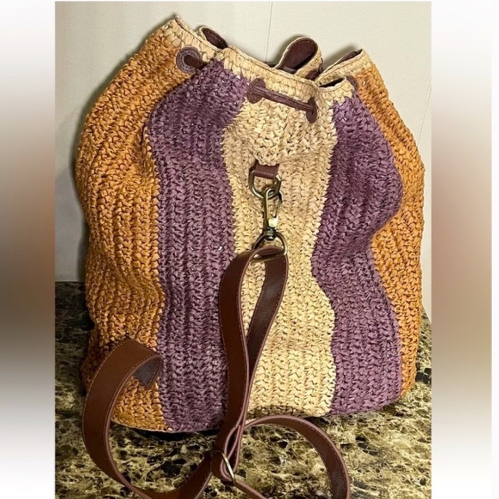 Free People Raffia Drawstring Backpack - Brown, Tan, Purple - Picture 6 of 11
